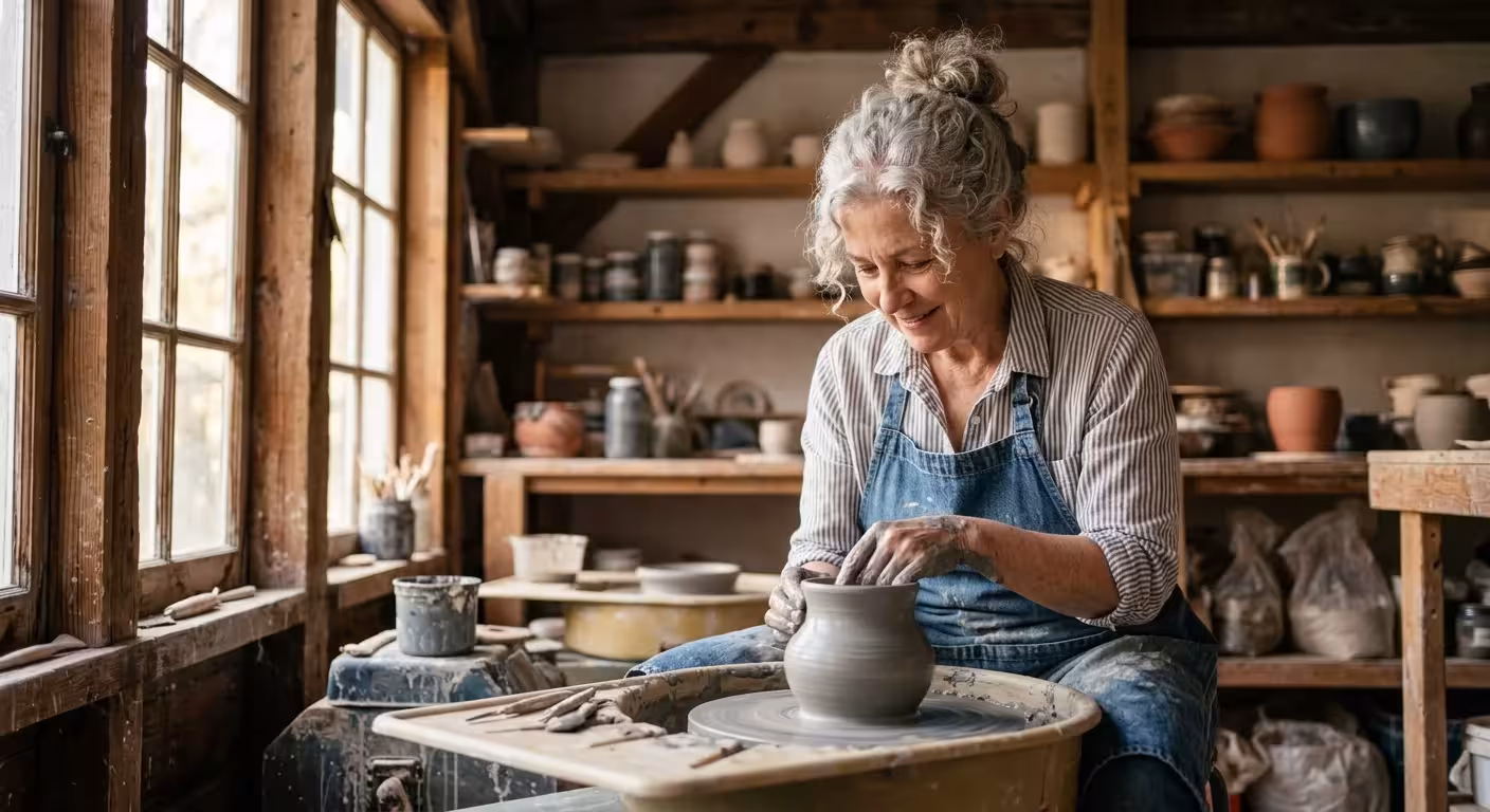 Focused senior woman working with clay on a pottery wheel in a sunlit art studio.