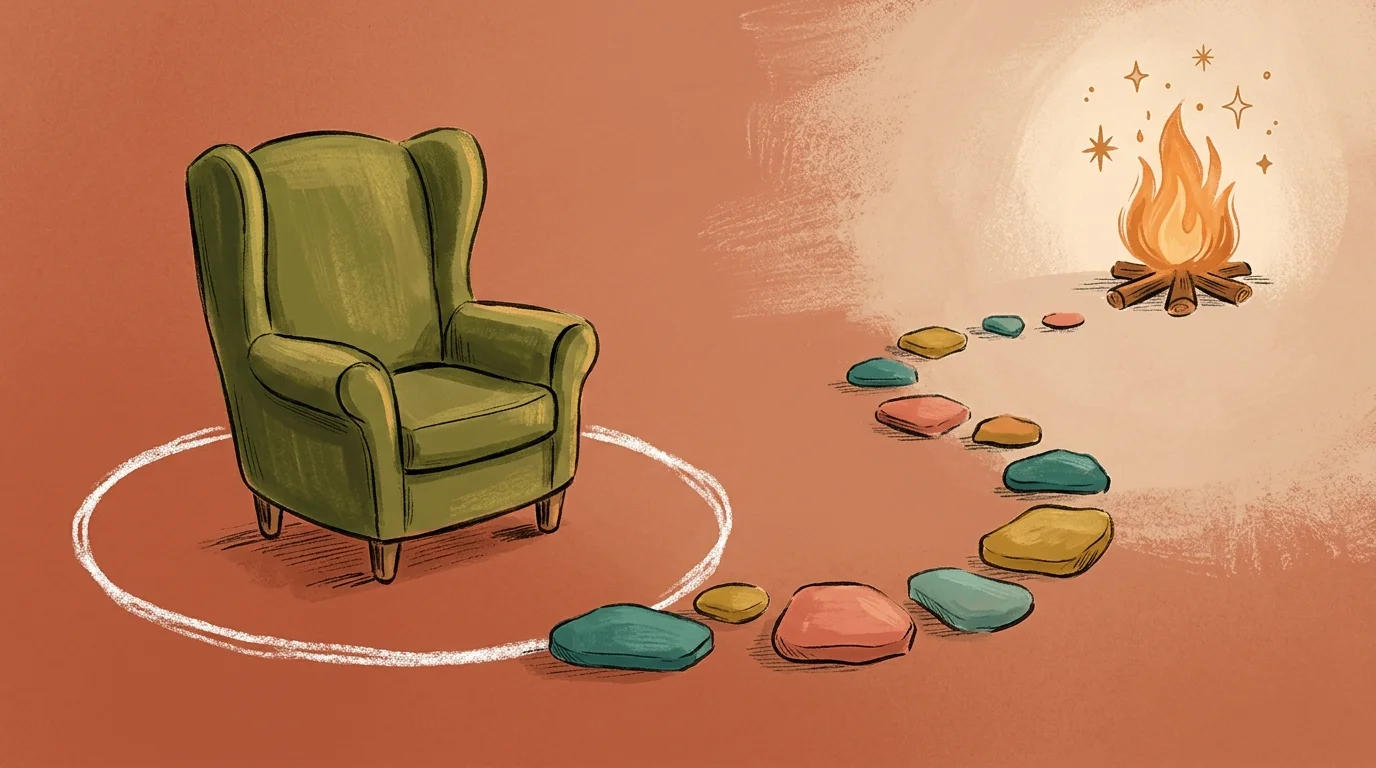 Gouache illustration of a cozy armchair in a chalk circle, with a colorful path of stepping stones leading out toward a campfire.