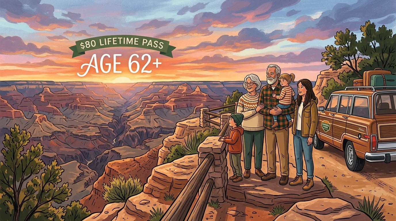 Gouache illustration of a family looking at a canyon sunset, with stylized text displaying information about the $80 lifetime pass.