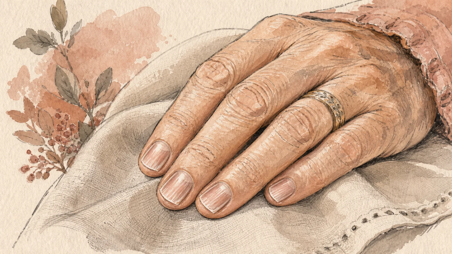 Gouache illustration of a hand resting on linen, highlighting nails with a slight spoon-shaped curve.
