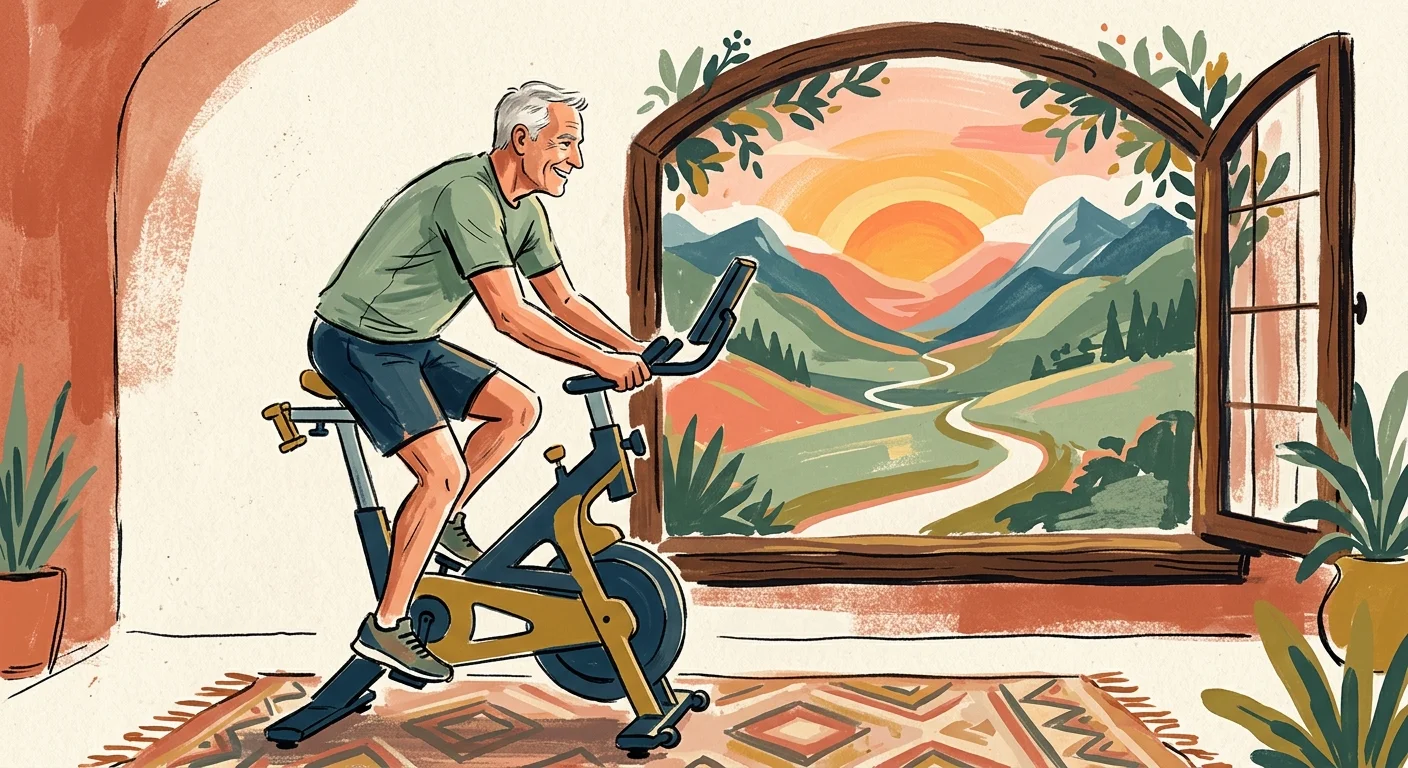 Gouache illustration of a senior man on an exercise bike looking out a window at a mountain landscape, symbolizing health and travel.