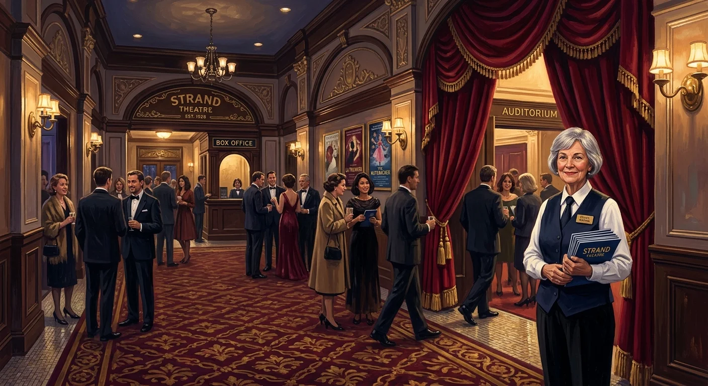 Gouache illustration of a theater usher standing near warm lights and velvet curtains in a historic lobby.