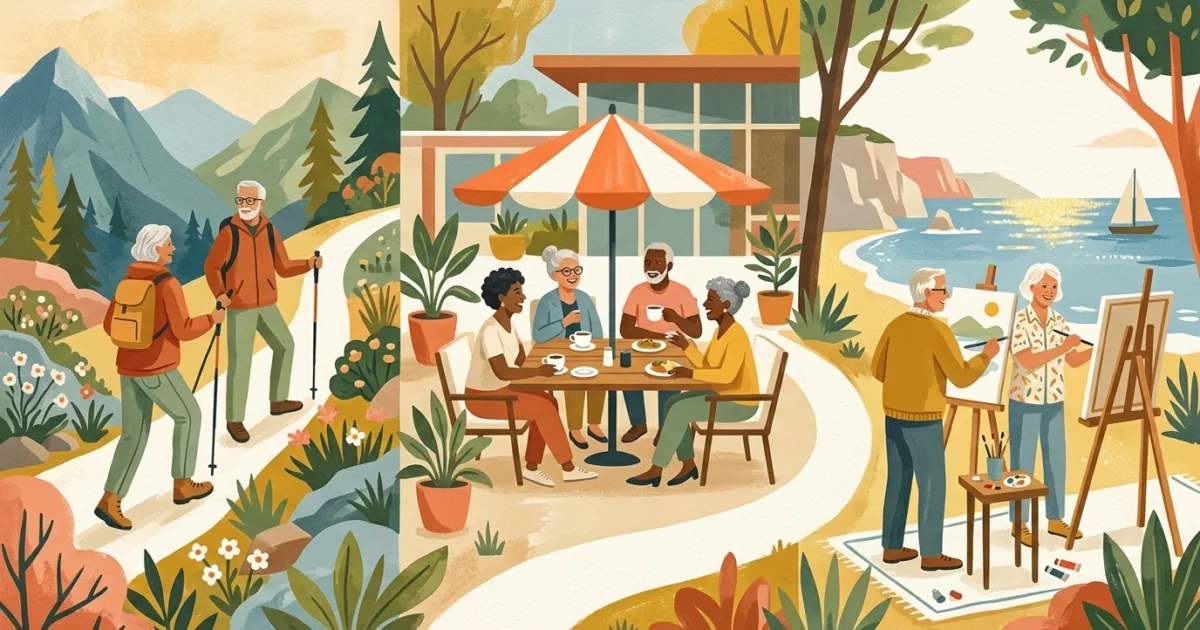 Gouache illustration of active retirees enjoying hiking, outdoor dining, and painting in a scenic, warm community landscape.