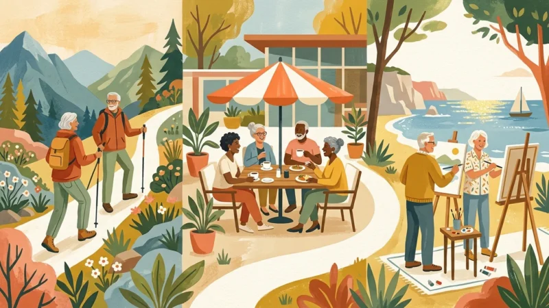 Gouache illustration of active retirees enjoying hiking, outdoor dining, and painting in a scenic, warm community landscape.