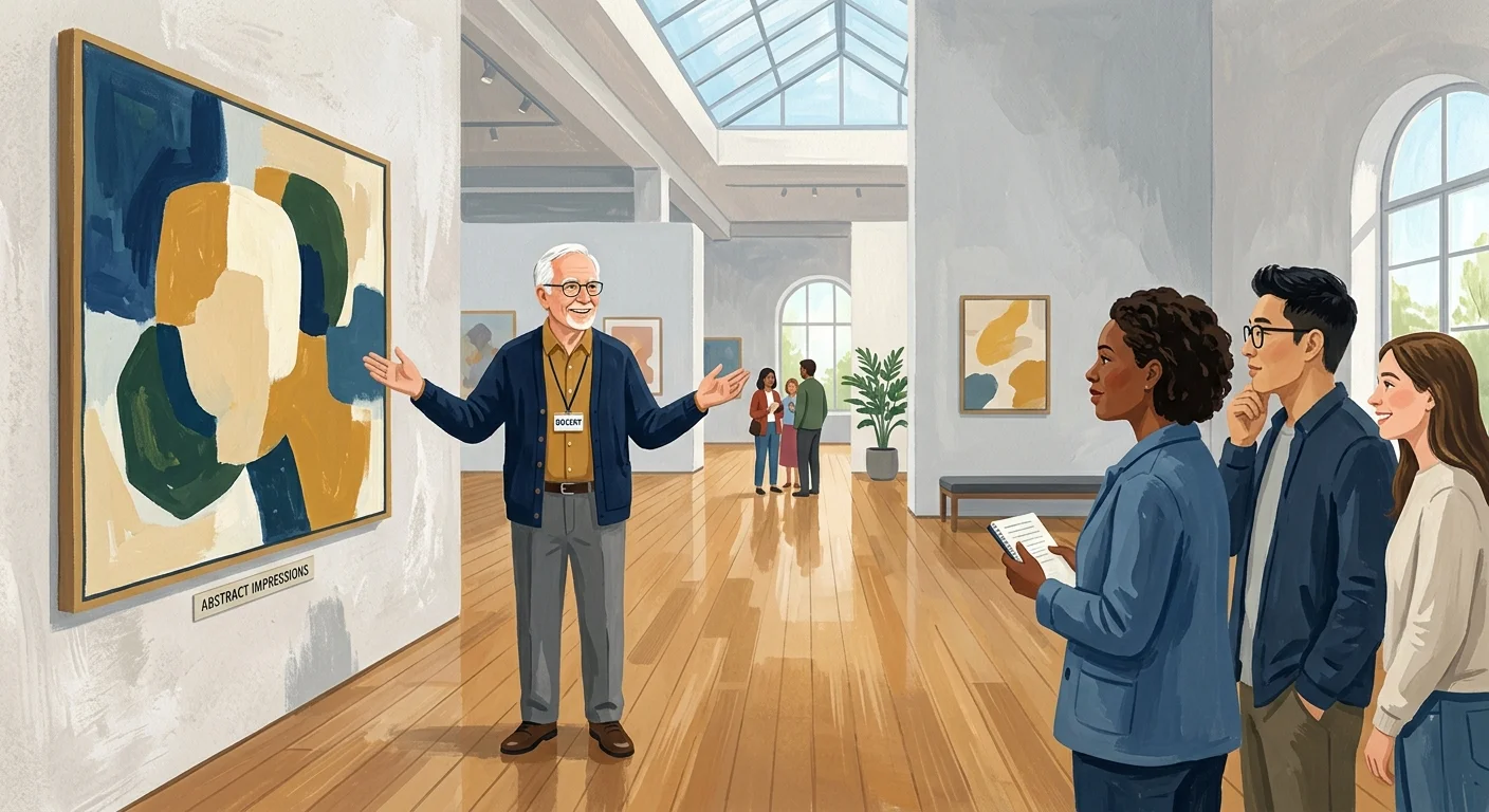 Gouache illustration of an older museum docent guiding a small group of visitors in a sunlit art gallery.