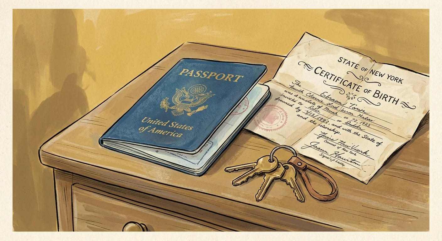 Gouache illustration of an open US passport and a classic birth certificate with a red seal on a wooden chest.