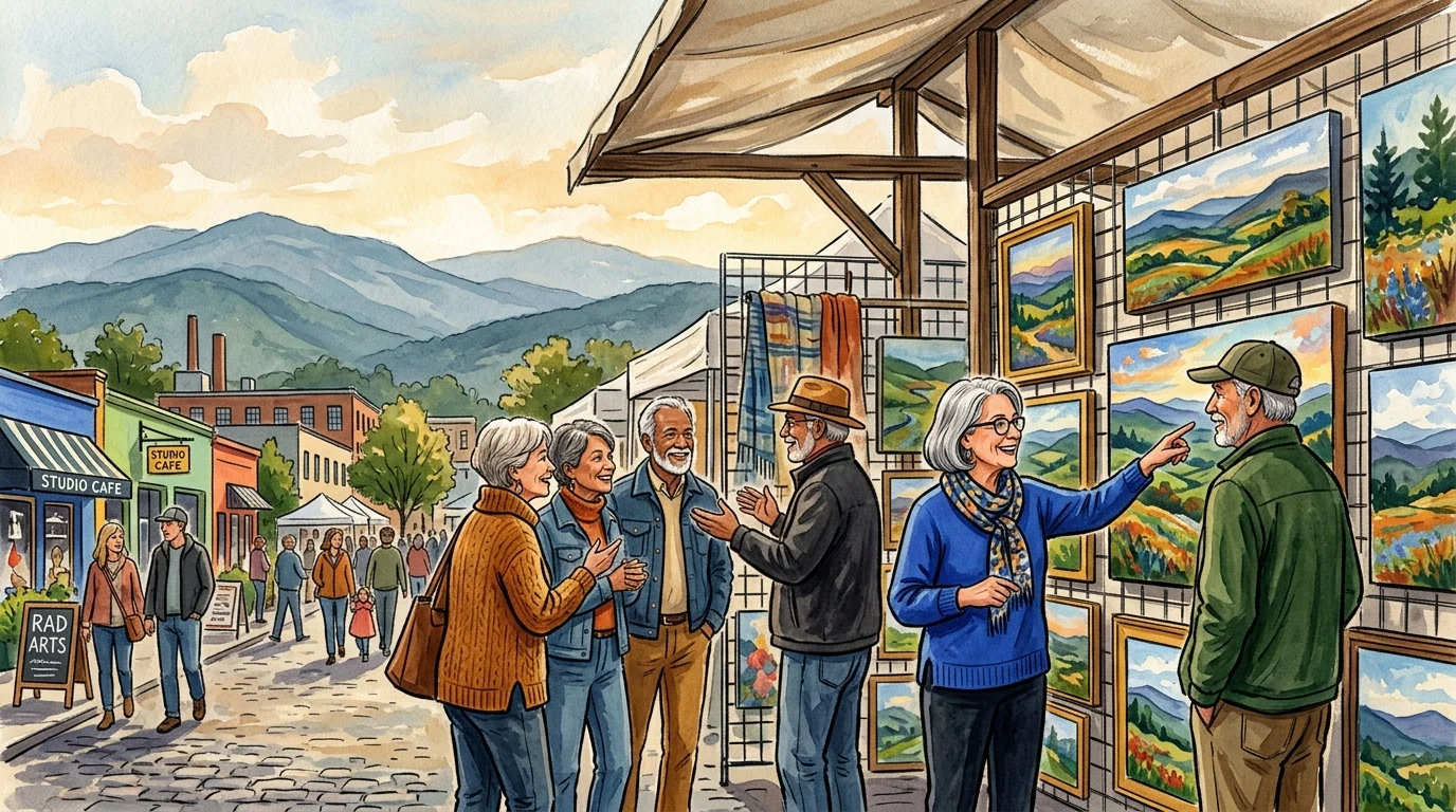 Gouache illustration of retirees browsing an outdoor art gallery in Asheville, with blue mountains in the background.