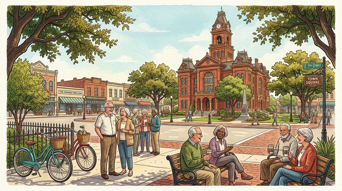 Gouache illustration of retirees socializing on benches in a historic, tree-lined Texas town square.