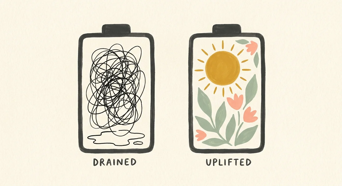 Gouache illustration of two battery icons: one drained with messy black lines, the other filled with a glowing sun and green leaves.