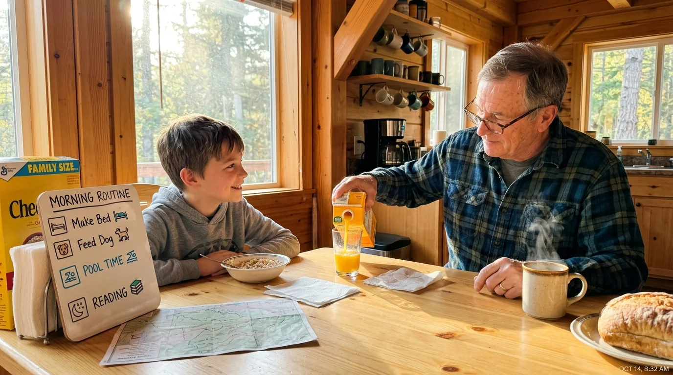 A grandfather pours orange juice for his smiling grandson at a wooden table with a morning routine chart.