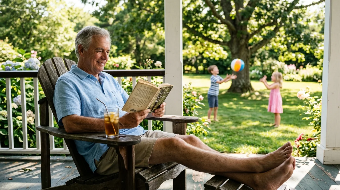 Senior man reading on a porch with an iced drink while two young children play with a ball on the sunny lawn behind him.