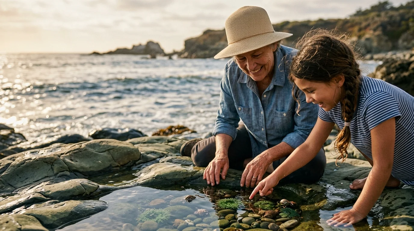 A grandmother in a sunhat and a young girl crouching together to explore sea life in a rocky ocean tide pool.