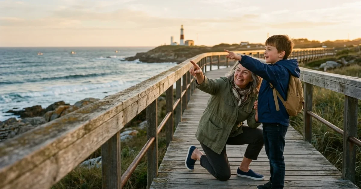 A woman and young boy stand on a coastal boardwalk, pointing toward a distant lighthouse on a rocky shore.