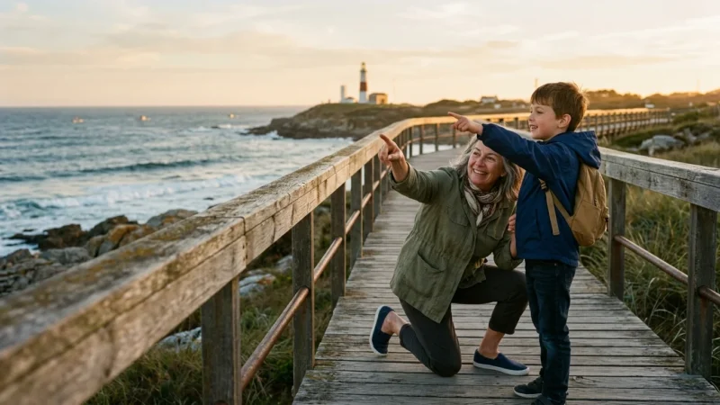 A woman and young boy stand on a coastal boardwalk, pointing toward a distant lighthouse on a rocky shore.