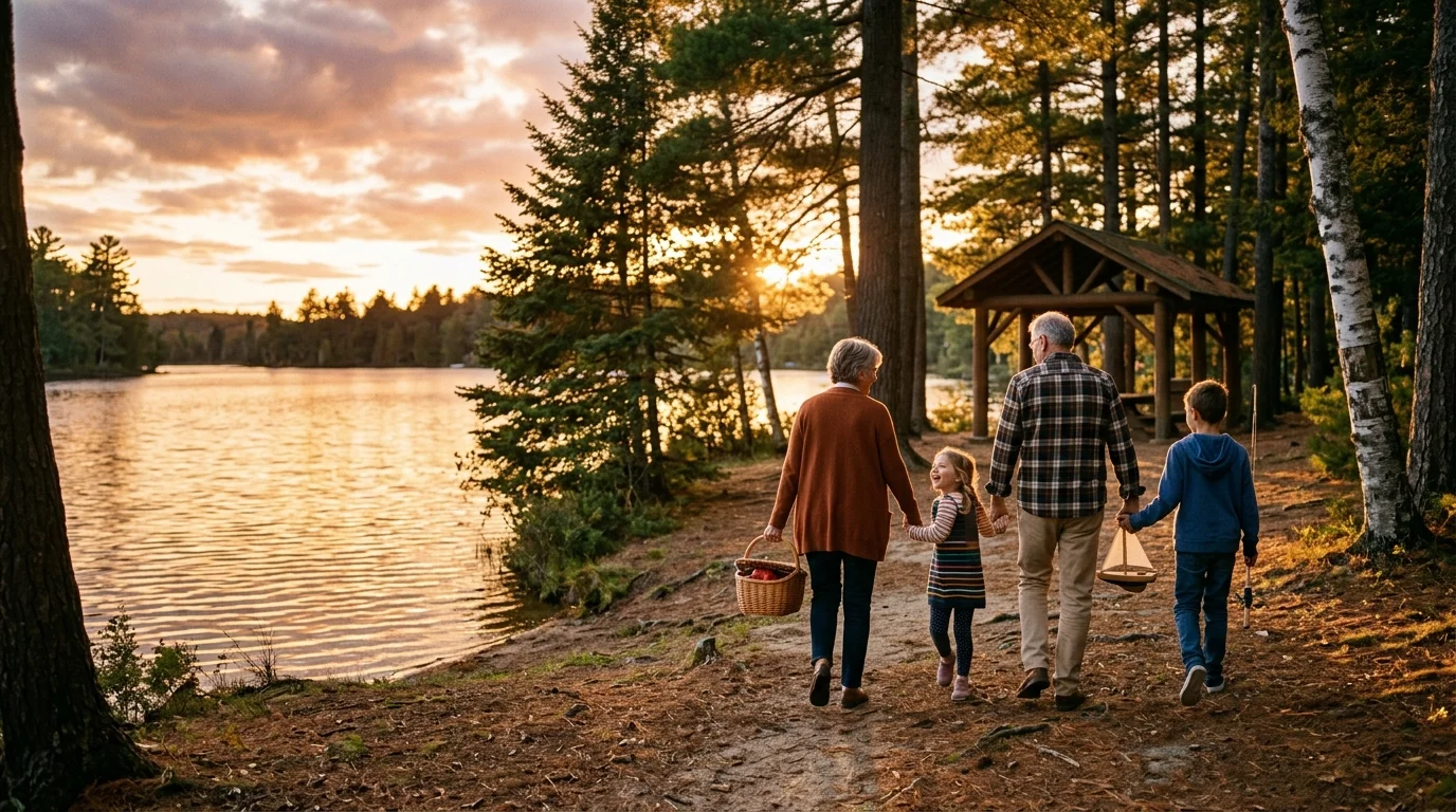 Grandparents holding hands with two young grandchildren as they walk along a forested lakeside path at sunset.