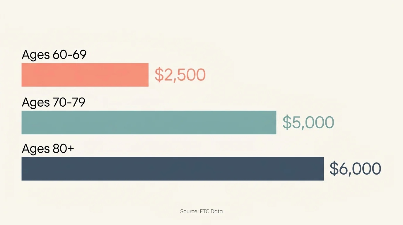 Horizontal bar chart comparing FTC median fraud losses for retirees, showing higher financial losses with age.