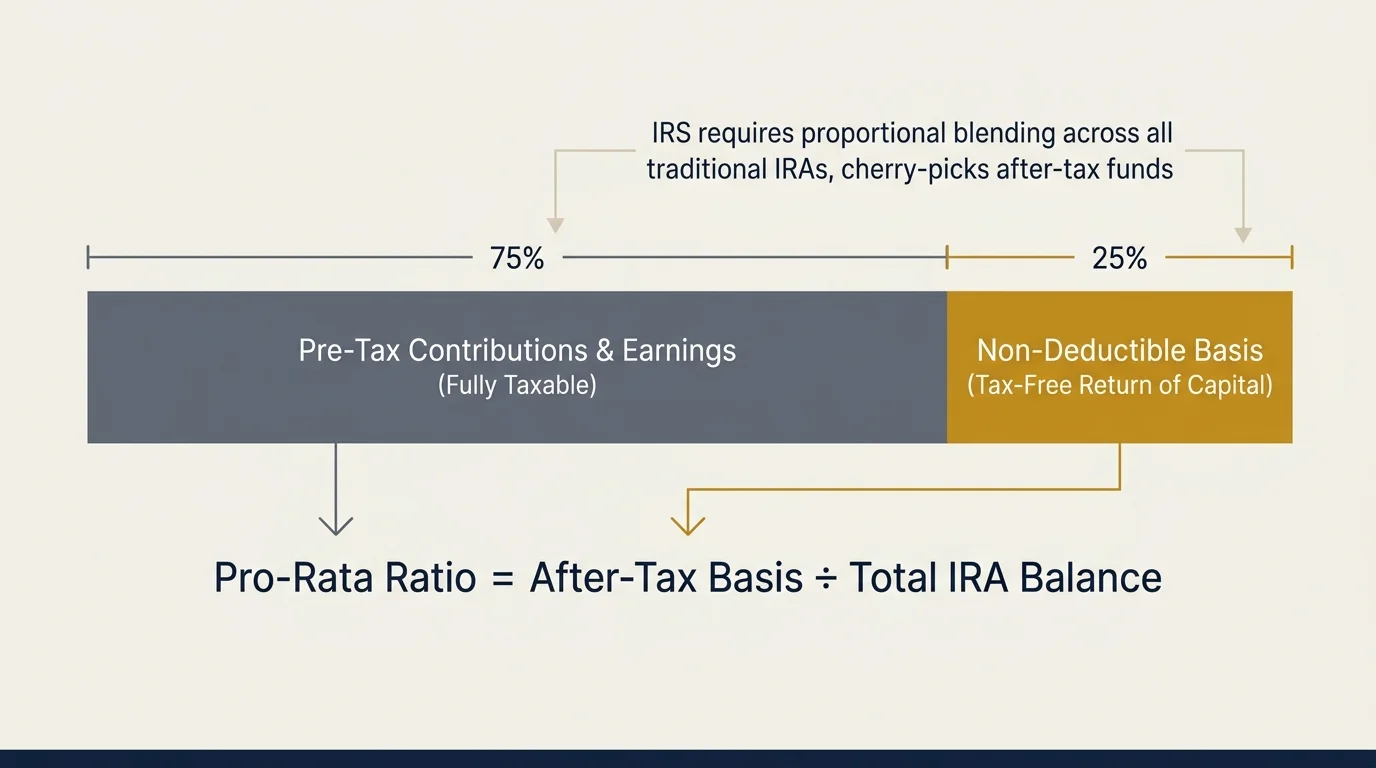Diagram illustrating the pro-rata ratio dividing pre-tax earnings and non-deductible basis across total IRA balance.