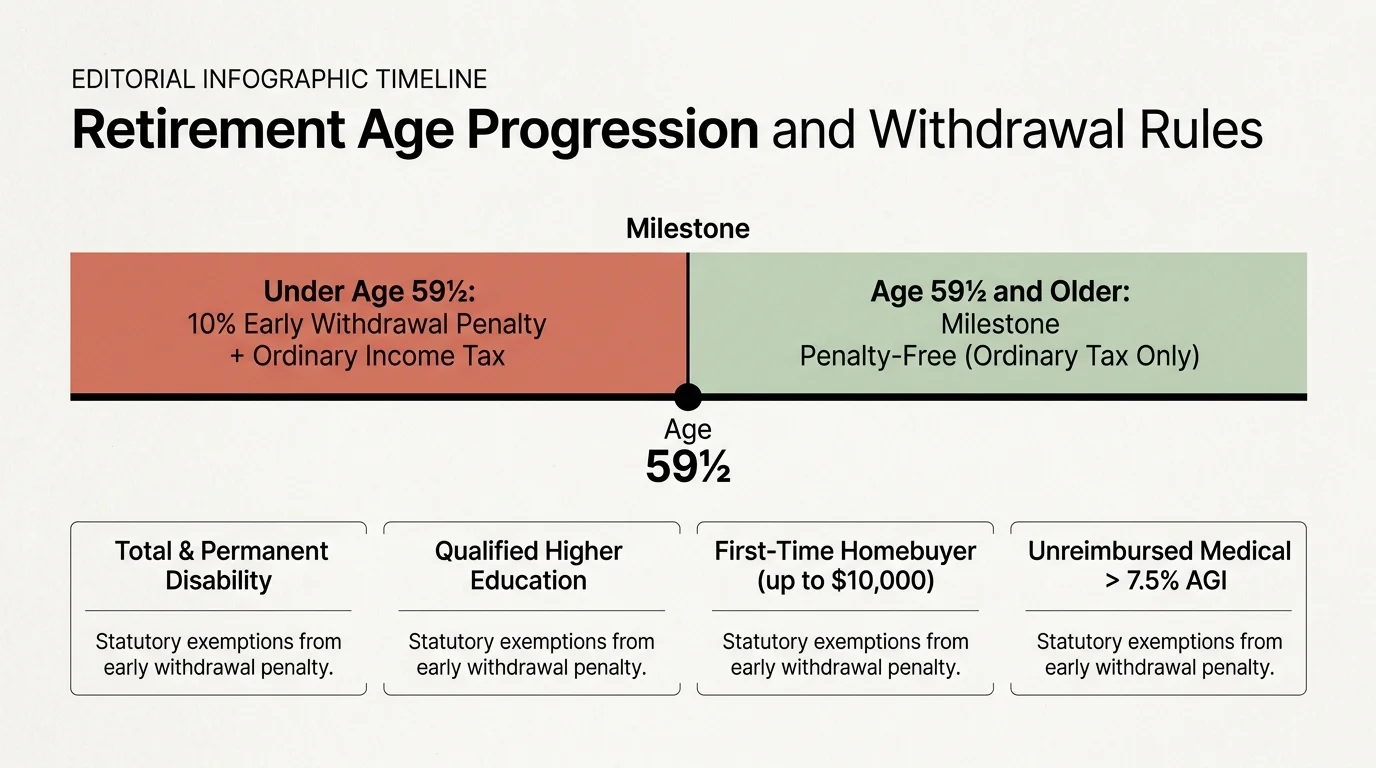 Timeline diagram of retirement withdrawal rules before and after age 59½ with statutory exemption categories below.