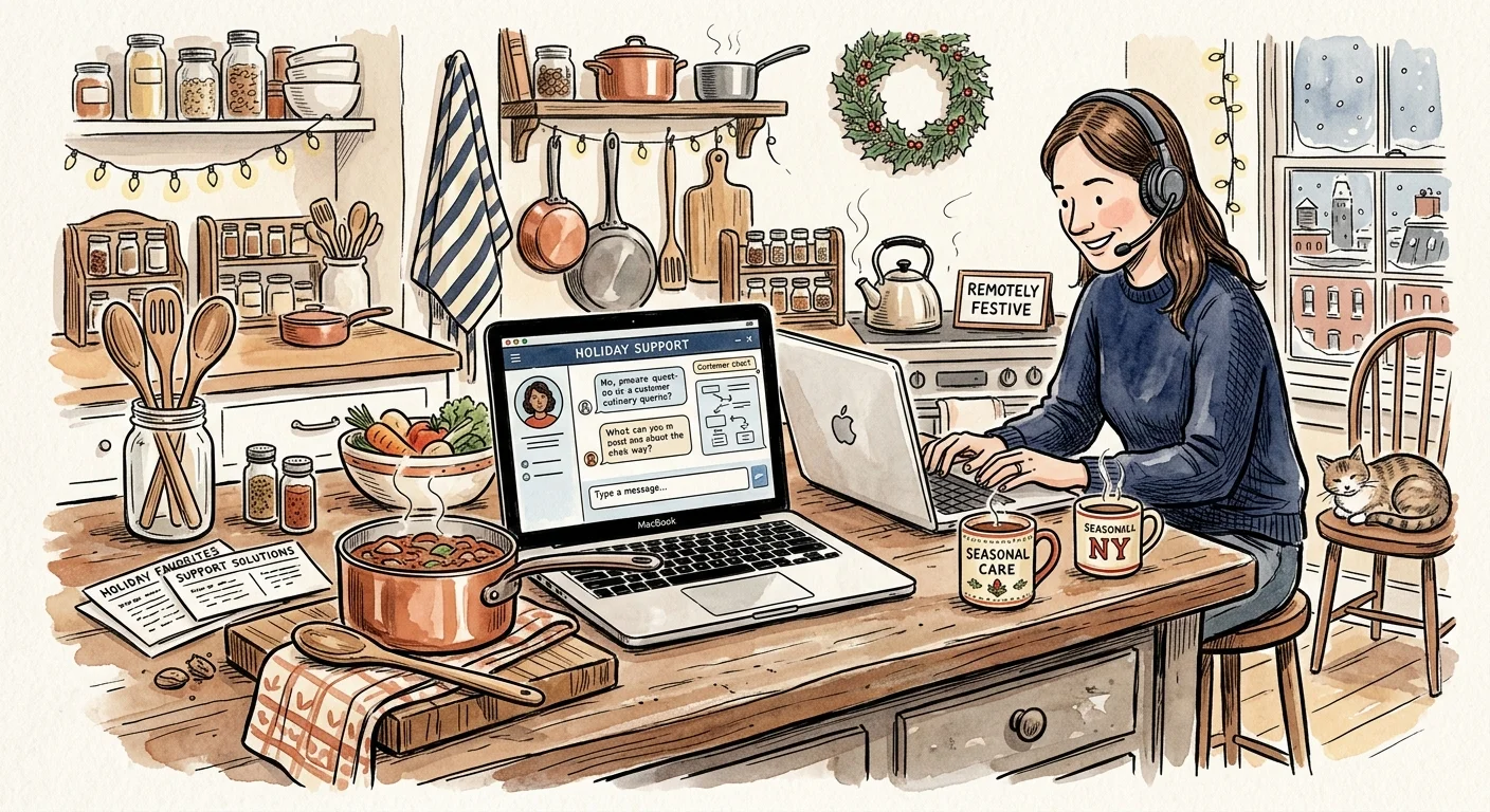 Watercolor illustration of a woman wearing a headset working on a laptop at a kitchen counter with soup cooking nearby.