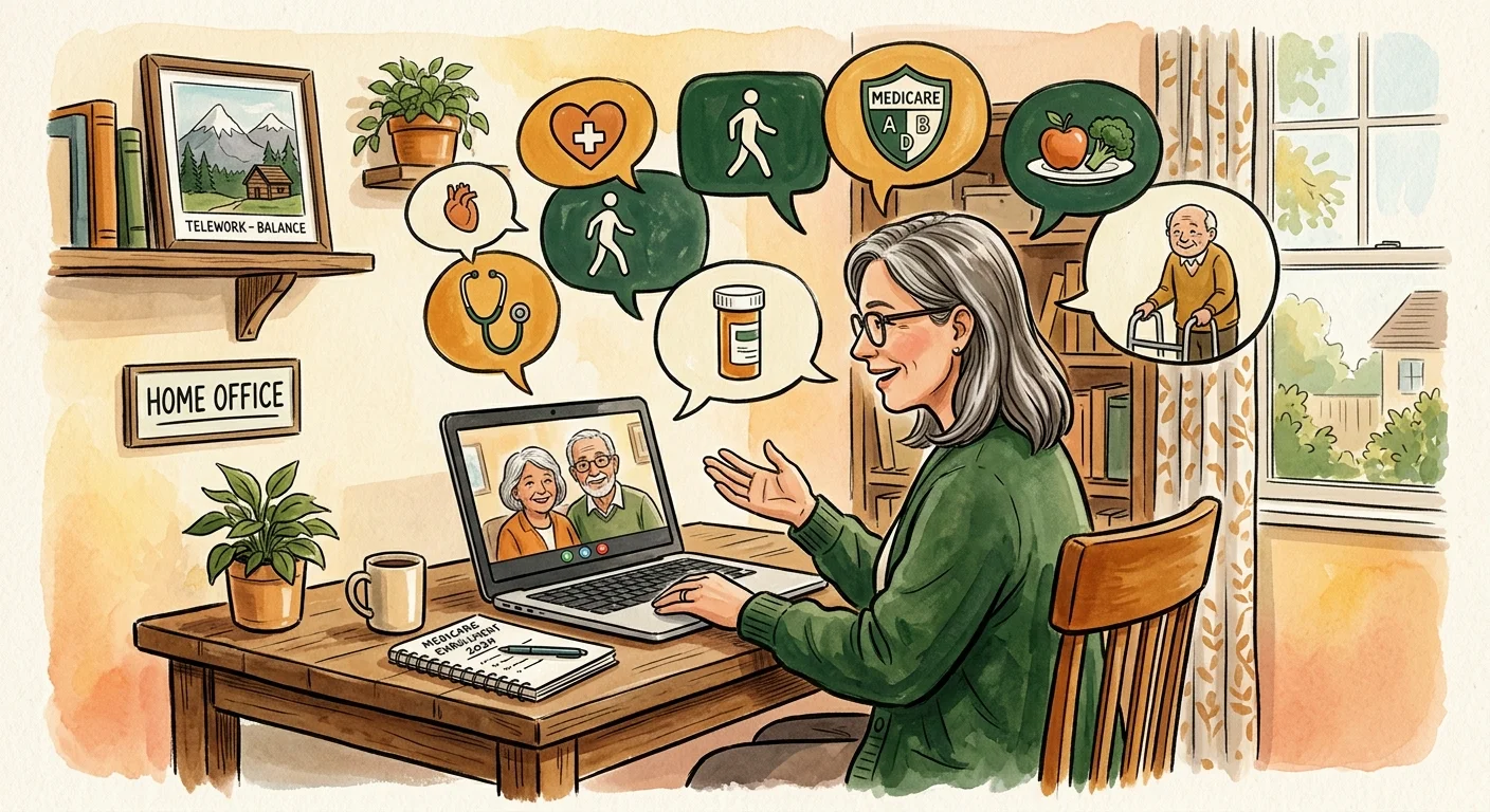 Watercolor of a woman video-calling an elderly couple on her laptop amid speech bubbles of healthcare icons.