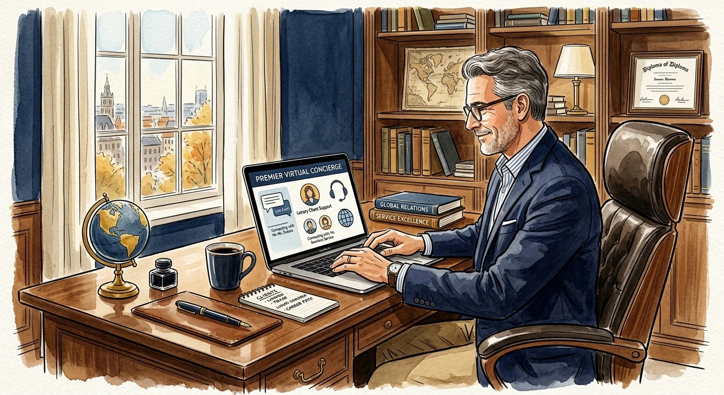 Watercolor illustration of an older man in a suit working on a laptop at a classic wooden desk by a window.