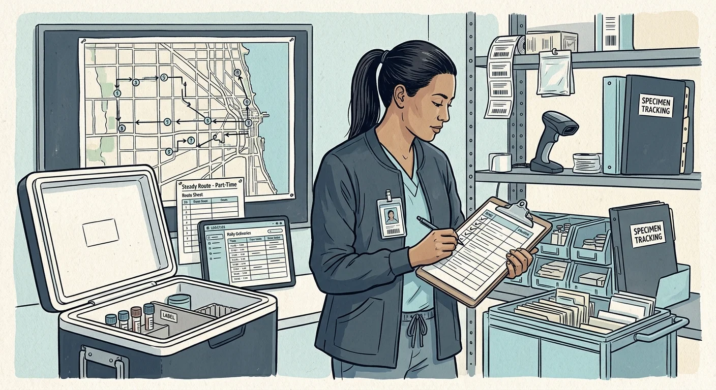Medical courier writes on a clipboard next to a transport cooler with specimen vials and a route map on the wall.