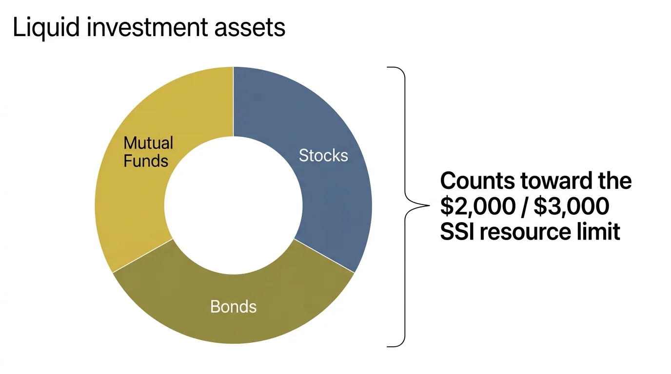 Infographic donut chart showing stocks, bonds, and mutual funds grouped under the SSI asset limit.