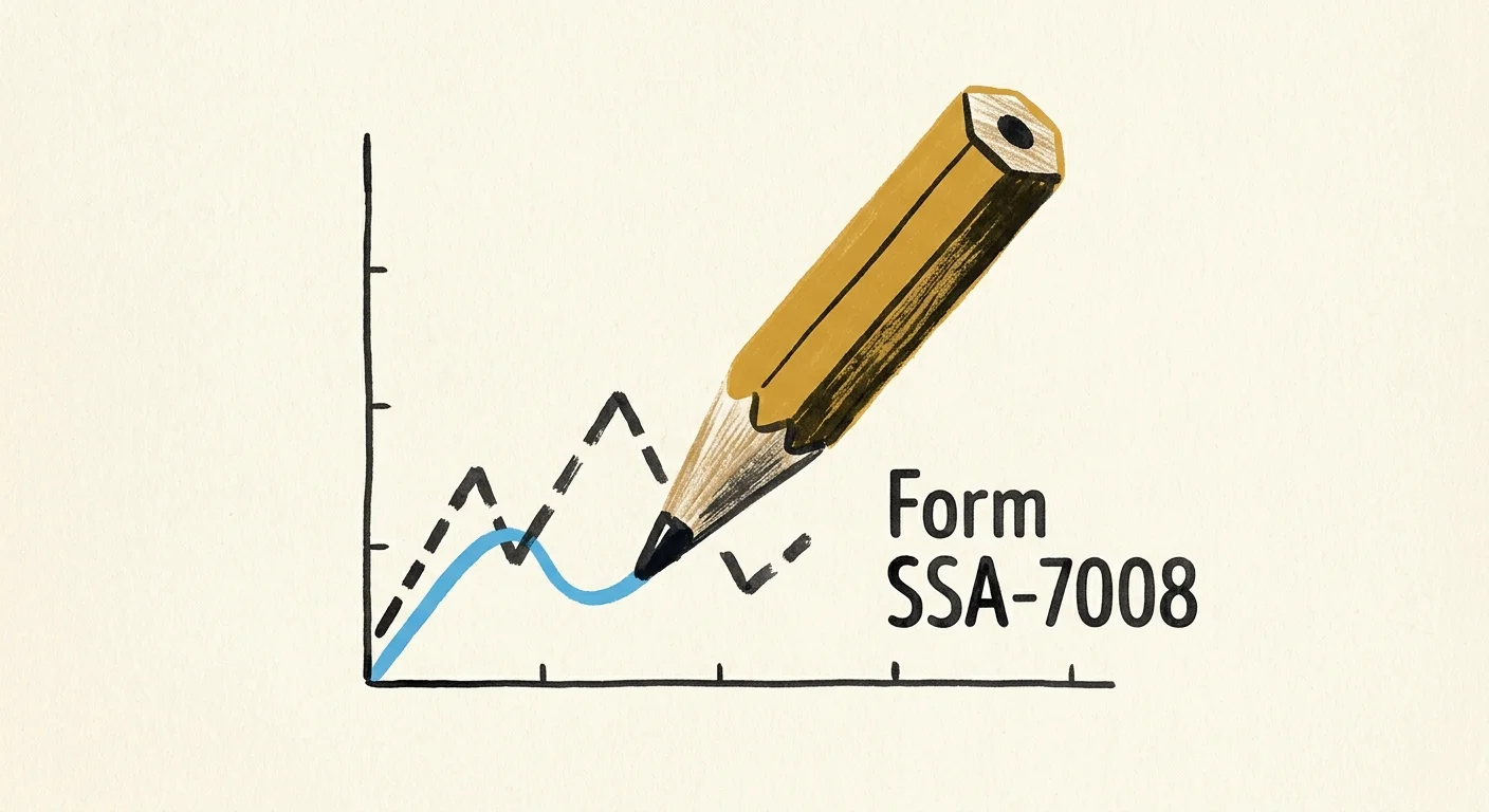Ink and gouache illustration of a pencil drawing a corrected line over a broken earnings chart, labeled Form SSA-7008.