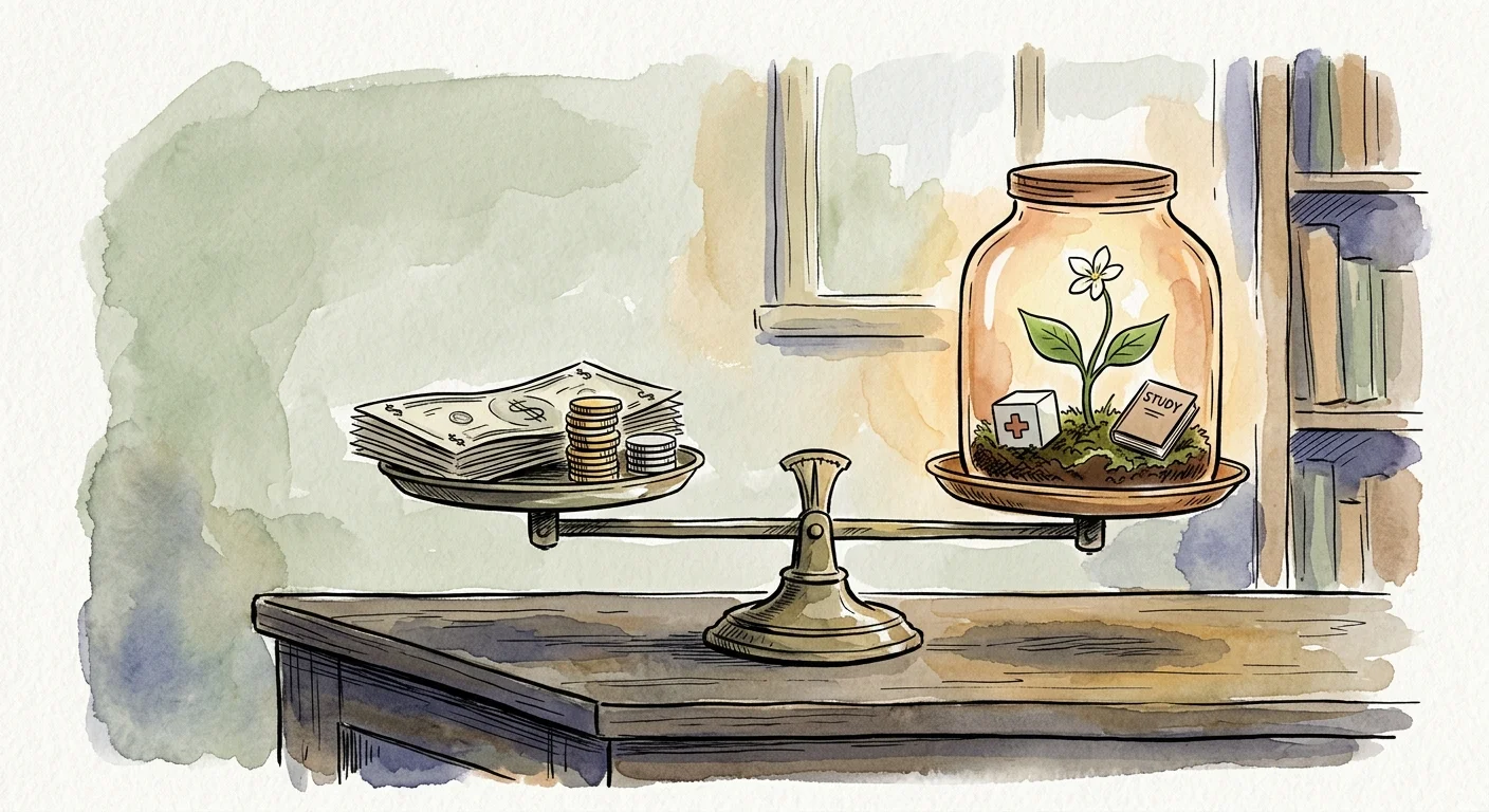 Watercolor of a balance scale holding money on one side and a glass jar with a plant, book, and medical cube on the other.