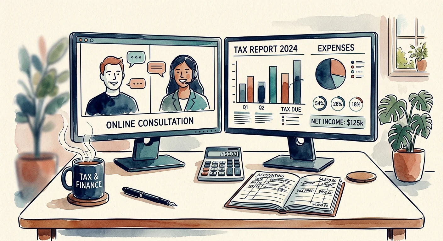 Dual monitors on a desk showing a video consultation and tax reports alongside a calculator and accounting ledger.