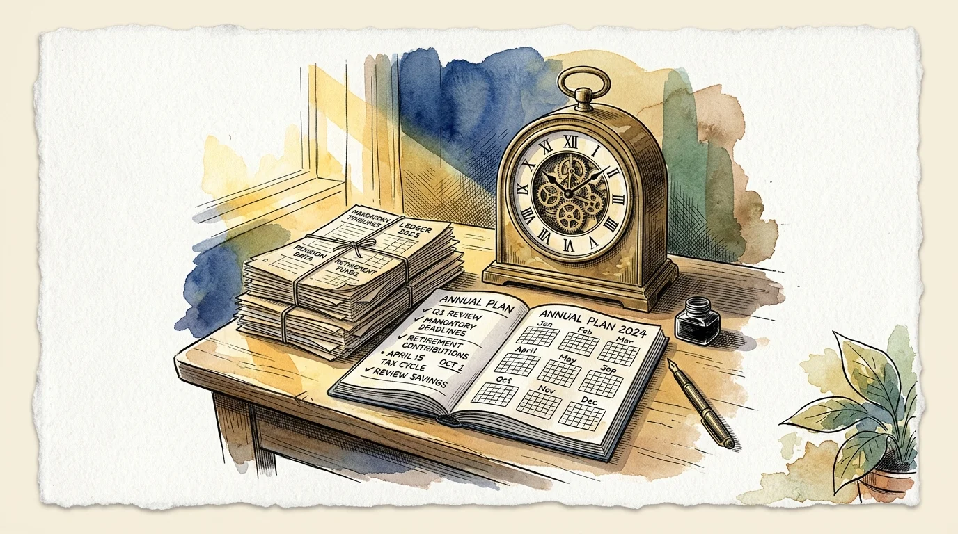 Vintage mantel clock, open calendar notebook, stack of documents, inkwell, and pen on a wooden desk illustration.