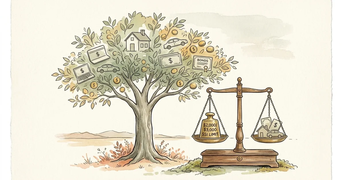 Ink and watercolor illustration of a balance scale weighing assets against a $2,000 and $3,000 SSI limit.