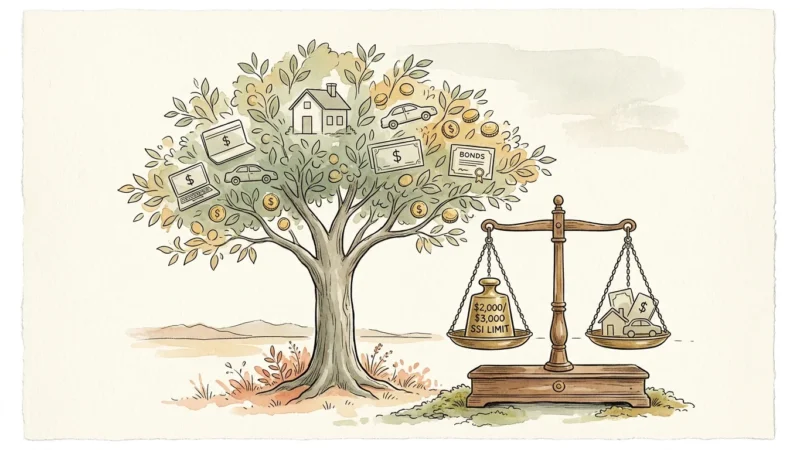 Ink and watercolor illustration of a balance scale weighing assets against a $2,000 and $3,000 SSI limit.