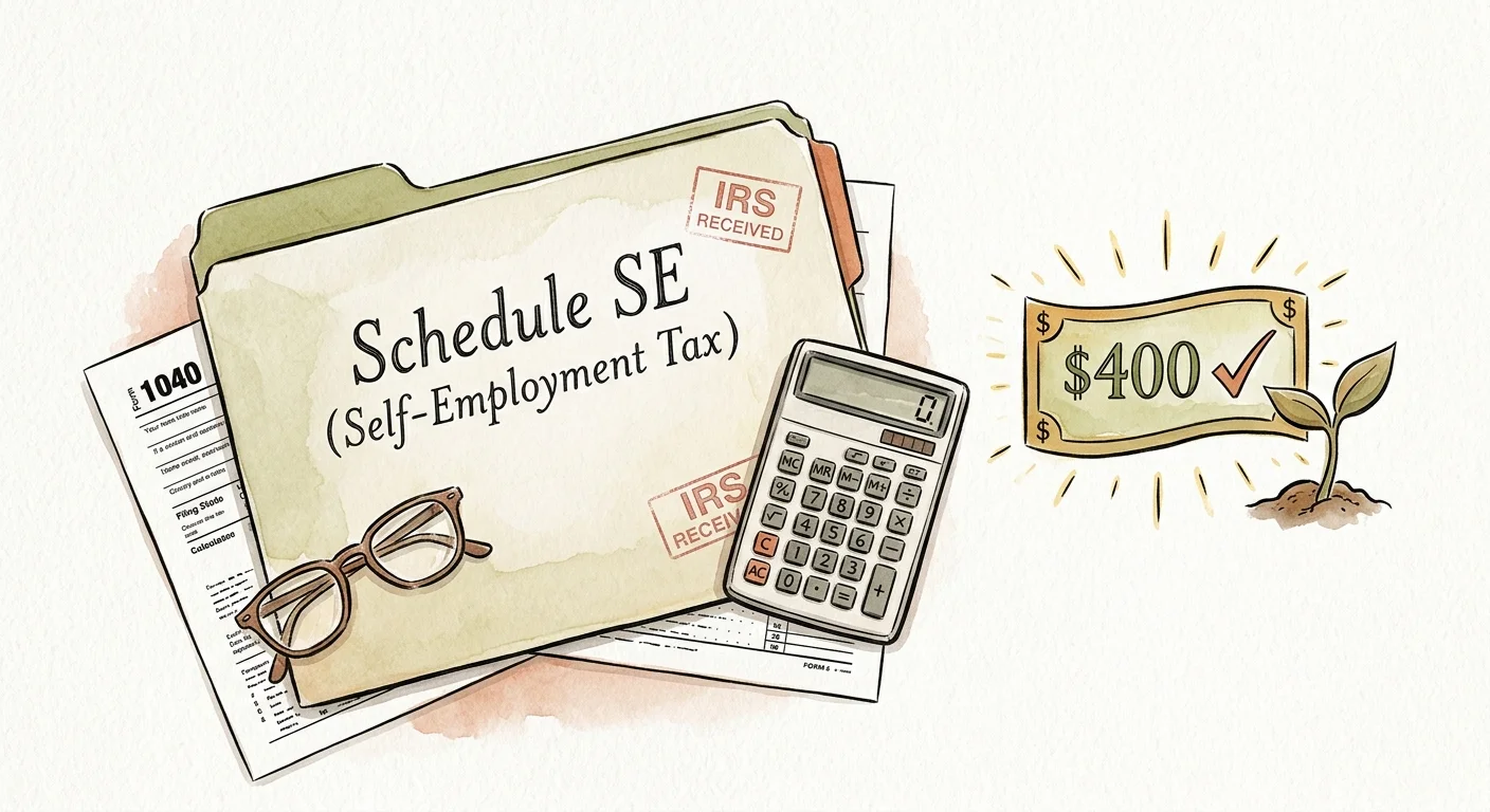 Ink and watercolor illustration of a Schedule SE form, an IRS received stamp, and a stylized $400 threshold symbol.