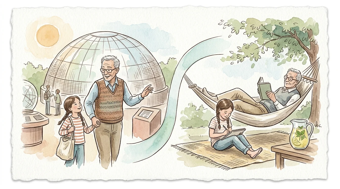 Split illustration of a grandfather and girl touring a dome museum, then relaxing outdoors with a hammock and sketchbook.