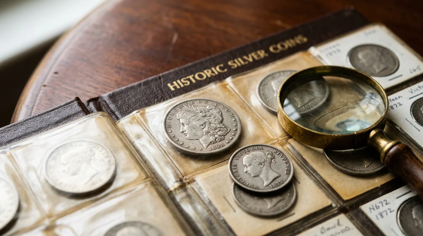 Macro photograph of a coin collection album and magnifying glass on a polished wooden table.