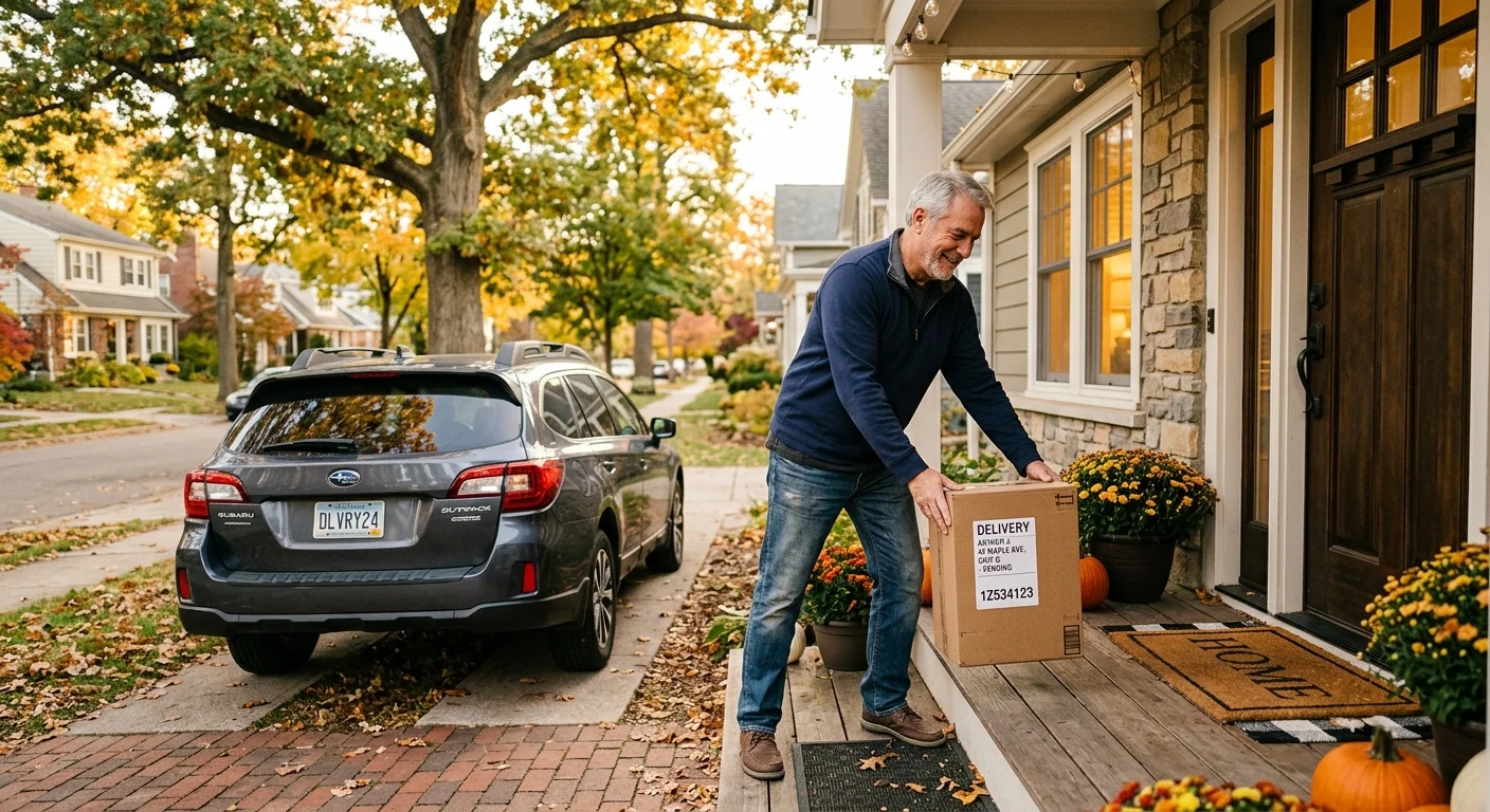 A smiling senior man delivering a cardboard package to the front porch of a suburban home next to a parked car.