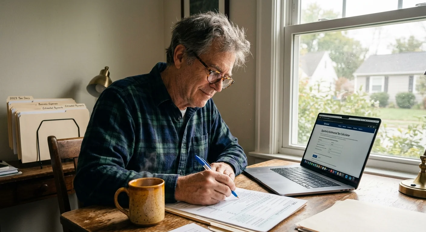 A man wearing glasses writes on tax documents at a wooden desk beside an open laptop and coffee mug.