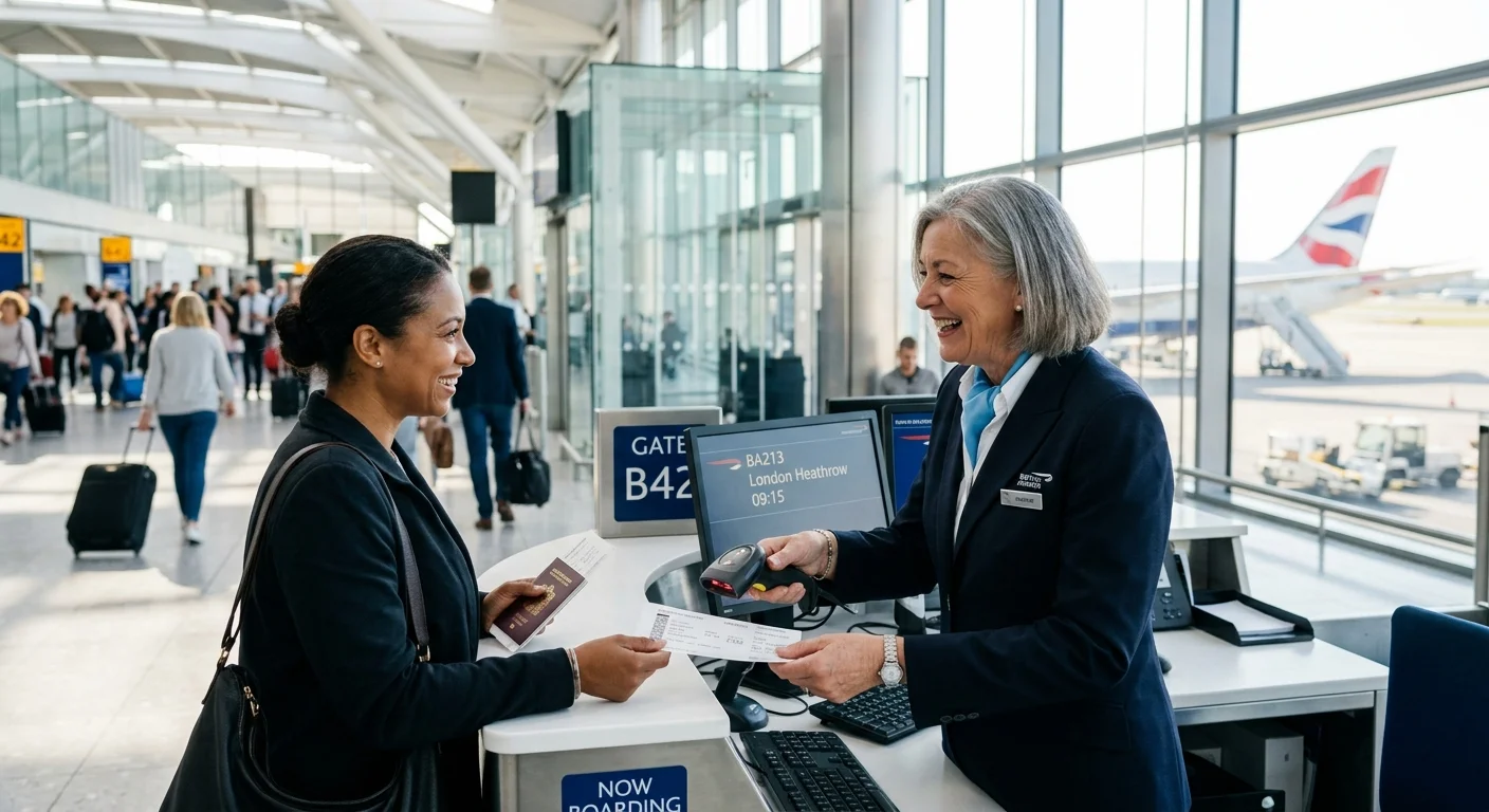 A smiling senior gate agent scans a boarding pass for a passenger at an airport boarding desk.