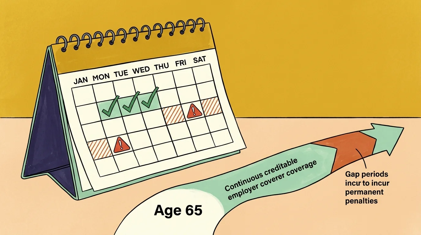 Illustration of a desk calendar with checkmarks and warning signs, alongside an arrow path showing age 65 coverage gaps.