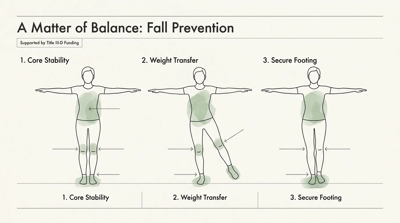 Minimalist balance exercise diagram with step-by-step instructions labeled 'A Matter of Balance' in clean typography.