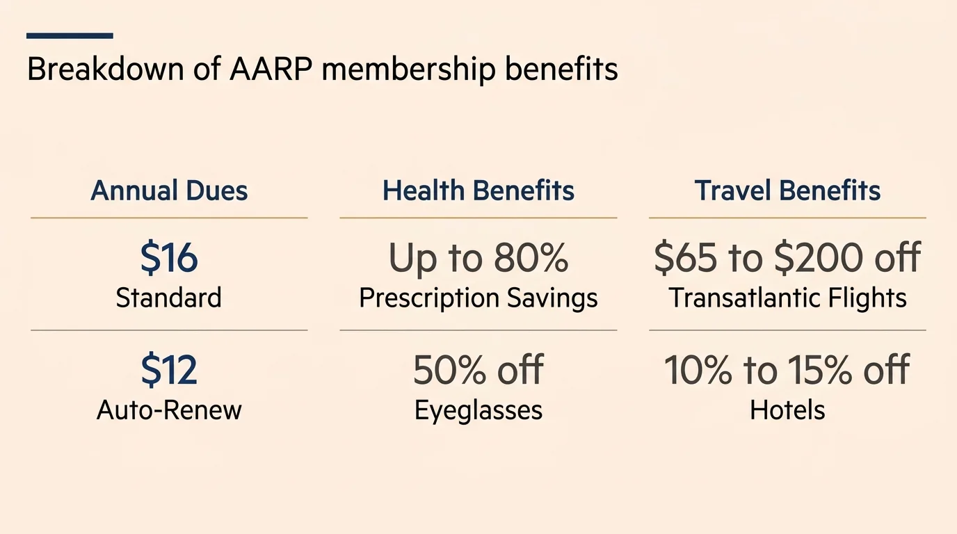 Minimalist diagram breaking down AARP costs and benefits, including prescription savings, travel discounts, and membership dues.