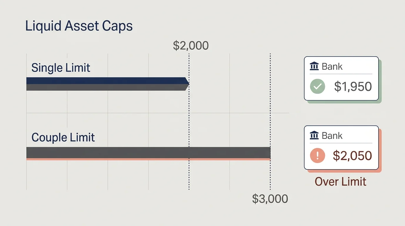 Minimalist diagram showing the $2,000 individual and $3,000 couple bank balance limits for SSI eligibility.