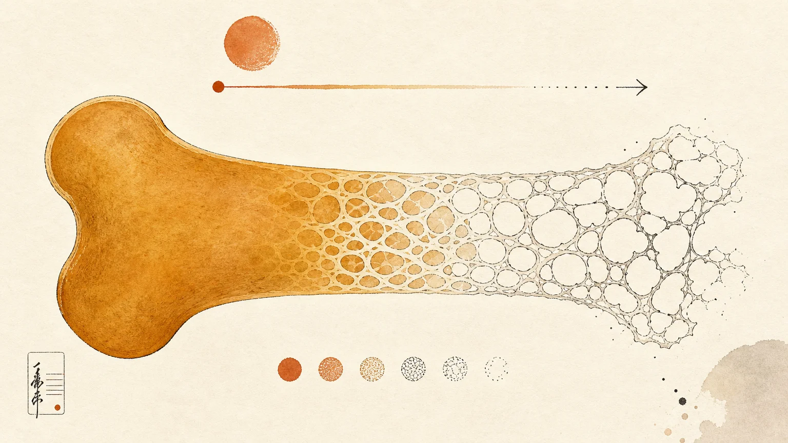 Minimalist gouache diagram showing a stylized bone transitioning from solid and strong to porous and weak.