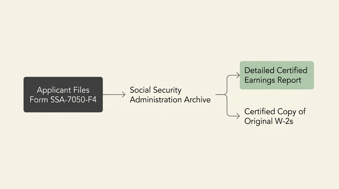 Minimalist horizontal flow diagram tracing the process of requesting detailed certified earnings via Form SSA-7050-F4.