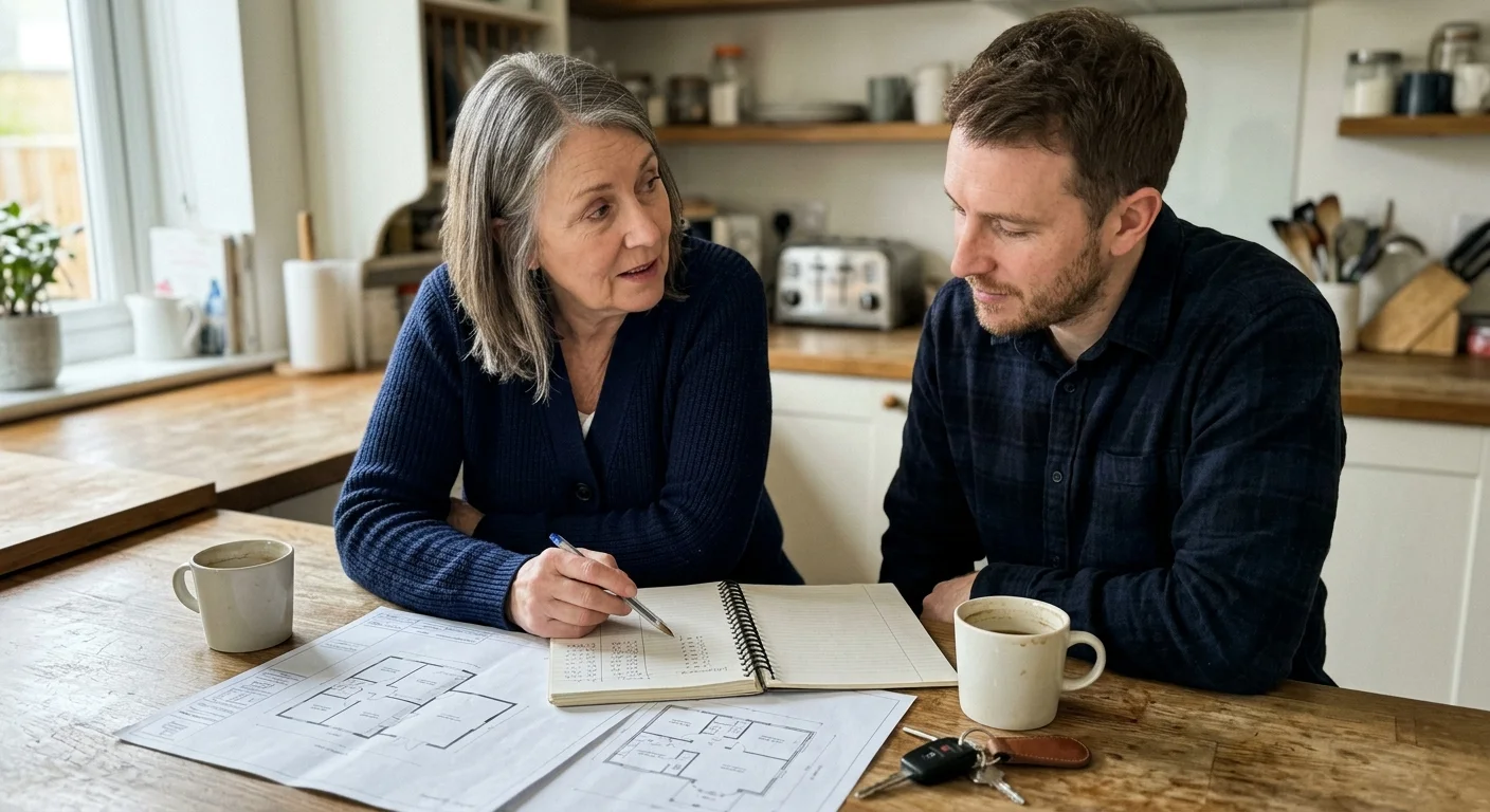 An older woman and a younger man sit at a kitchen wooden table reviewing house floor plans, a notebook, and keys.