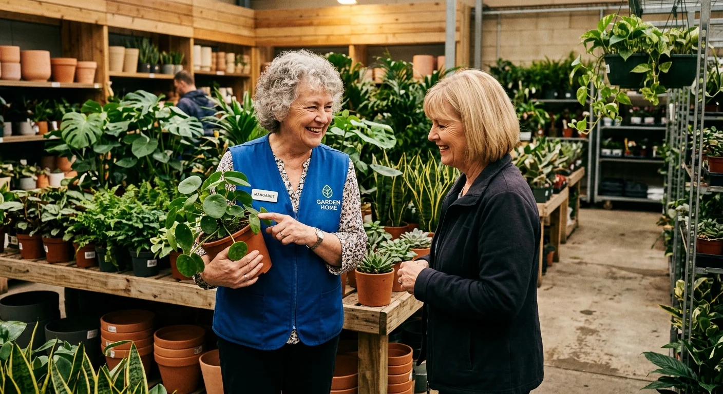 A smiling senior employee in a blue vest shows a potted plant to a customer in a plant nursery aisle.