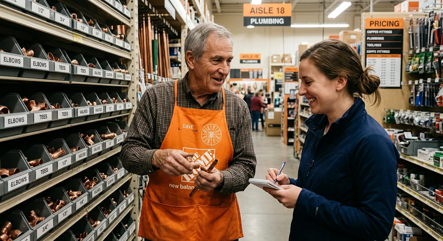 An older Home Depot employee in an orange apron assists a smiling woman taking notes in a hardware store plumbing aisle.