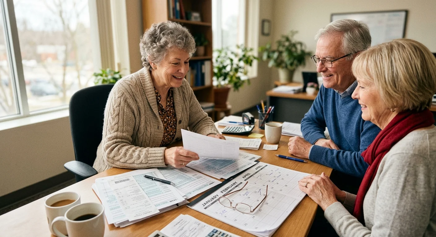 A senior tax preparer reviews paperwork with an older couple seated at an office desk with tax forms and a calendar.