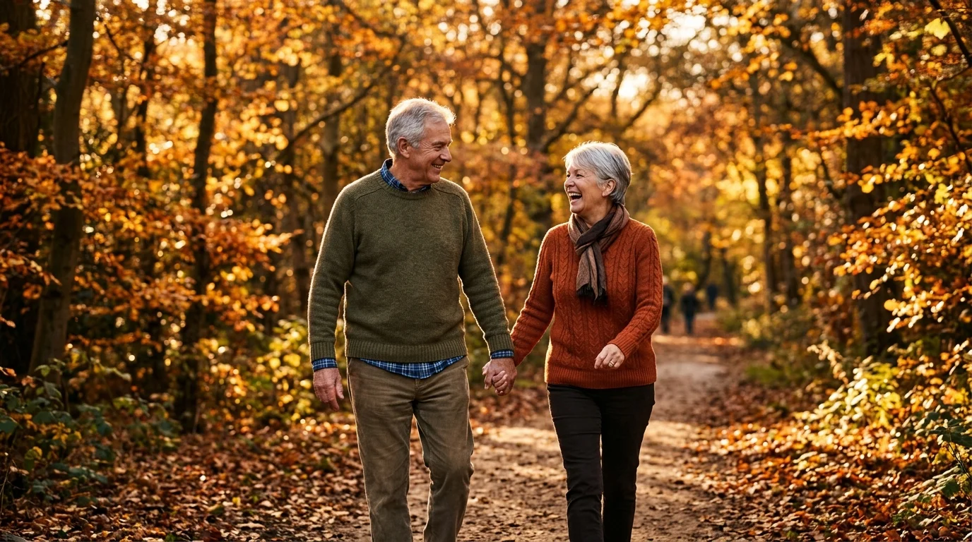Photograph of a happy senior couple walking hand-in-hand through a sun-dappled park in autumn.